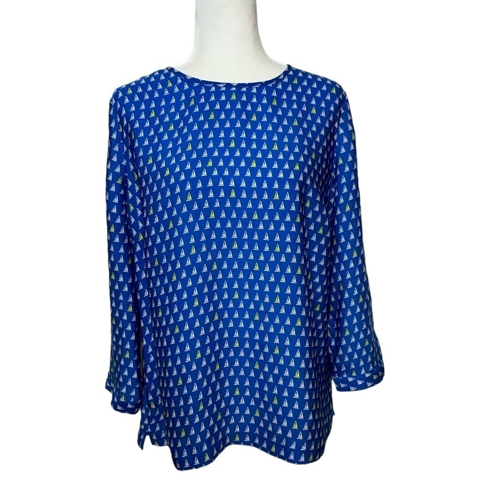 Merona‎ Women's Blouse Top Blue White 3/4 Sleeves Sailboat Print  Large Nautical